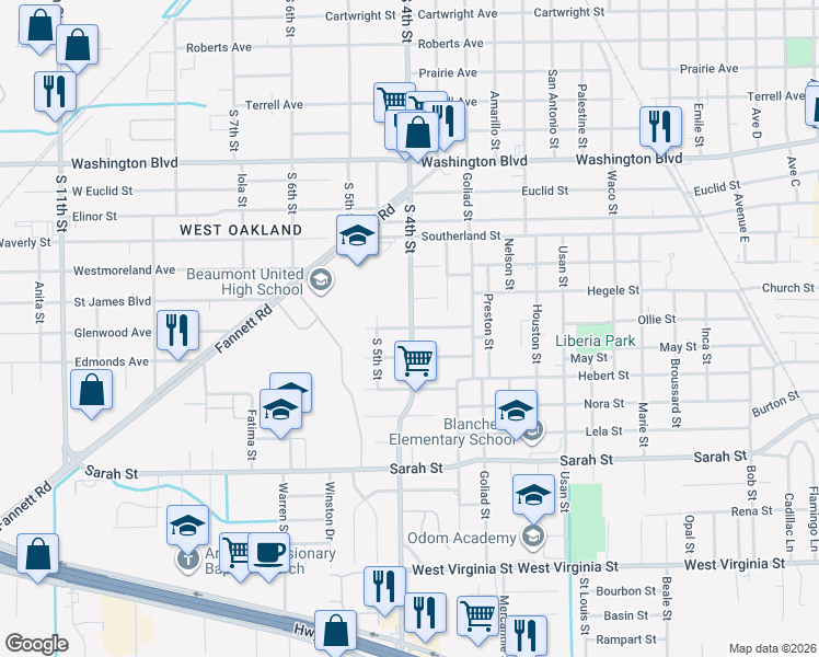 map of restaurants, bars, coffee shops, grocery stores, and more near 2940 Edmonds St in Beaumont