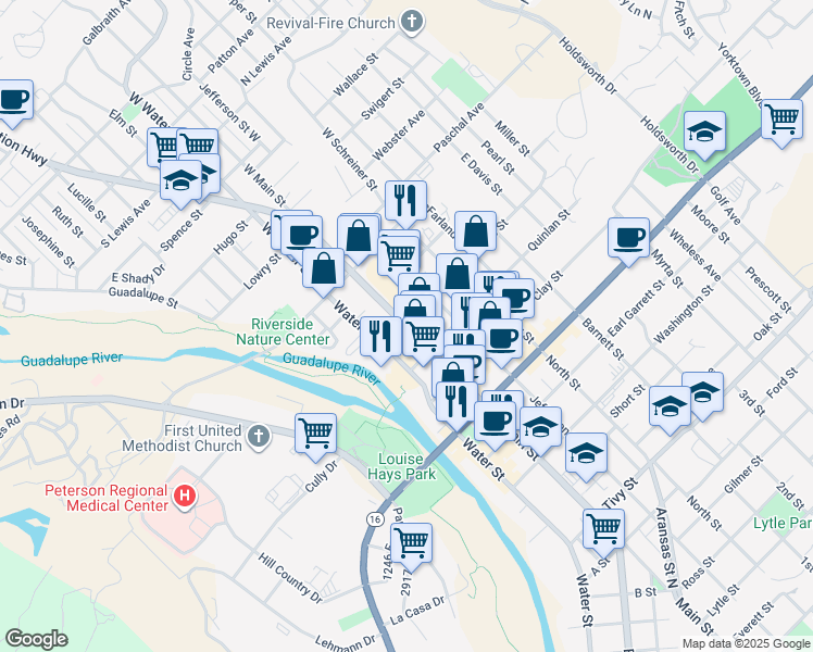 map of restaurants, bars, coffee shops, grocery stores, and more near 408 Water Street in Kerrville