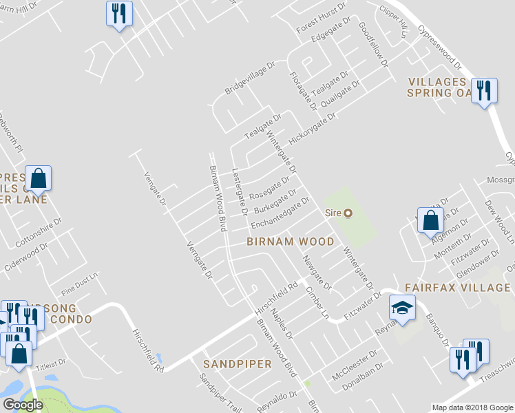 map of restaurants, bars, coffee shops, grocery stores, and more near 4415 Burkegate Drive in Spring