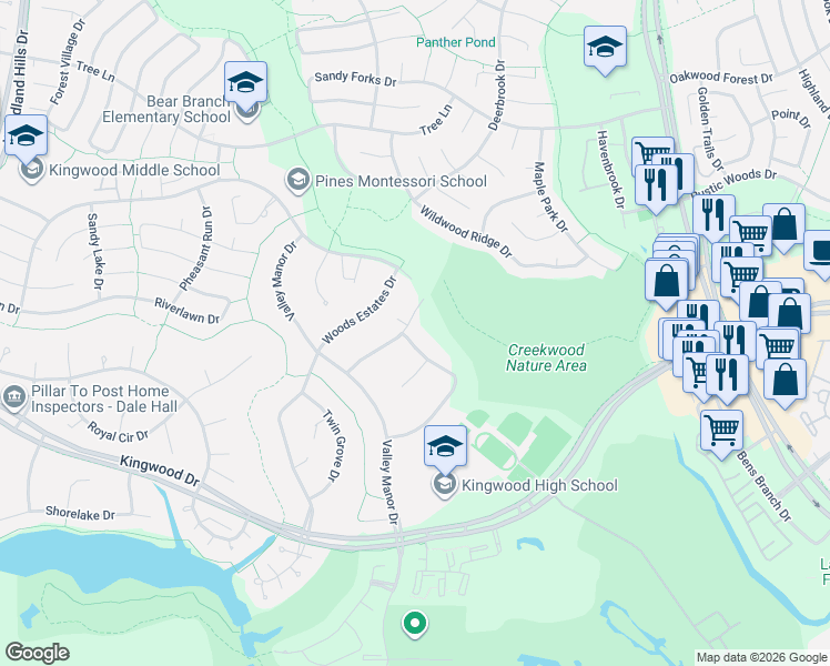 map of restaurants, bars, coffee shops, grocery stores, and more near 2618 Royal Trail Drive in Humble
