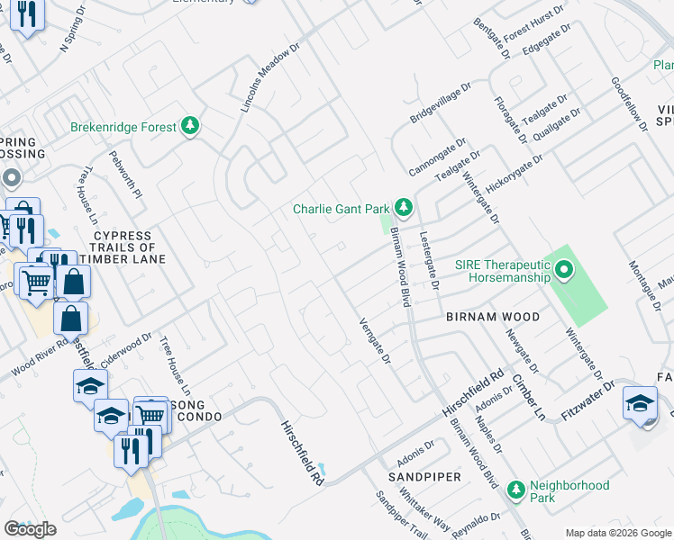 map of restaurants, bars, coffee shops, grocery stores, and more near 23731 Verngate Drive in Spring
