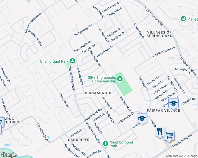 map of restaurants, bars, coffee shops, grocery stores, and more near 4515 Burkegate Drive in Spring