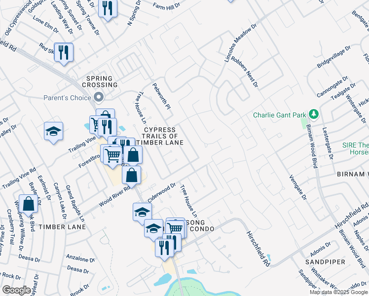 map of restaurants, bars, coffee shops, grocery stores, and more near 23238 Prairie Bird Drive in Spring