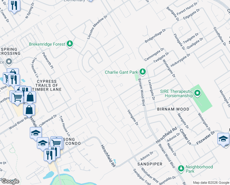 map of restaurants, bars, coffee shops, grocery stores, and more near 23811 Verngate Drive in Spring