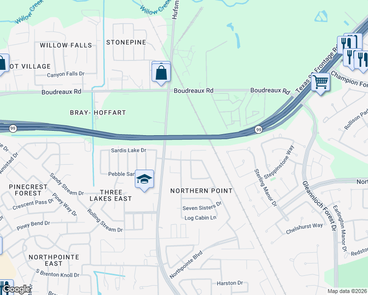 map of restaurants, bars, coffee shops, grocery stores, and more near 19826 Rippling Brook Lane in Tomball