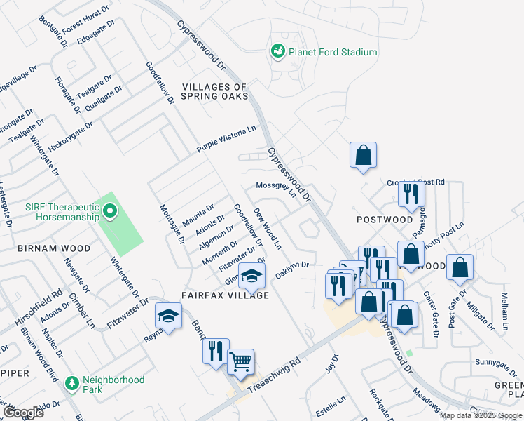 map of restaurants, bars, coffee shops, grocery stores, and more near 23322 Dew Wood Lane in Spring