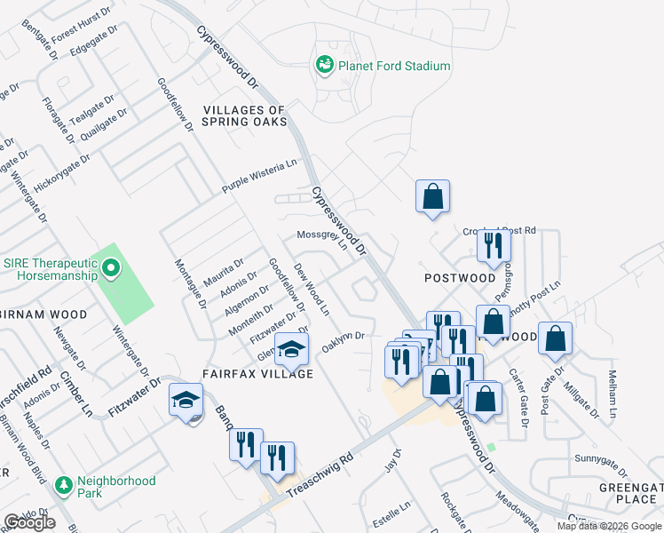 map of restaurants, bars, coffee shops, grocery stores, and more near 5422 Mossgrey Lane in Spring