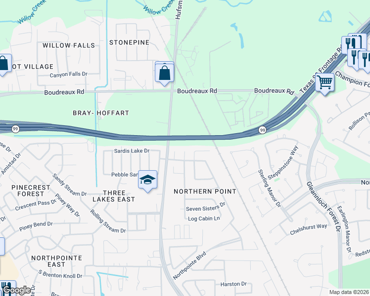 map of restaurants, bars, coffee shops, grocery stores, and more near 19826 Rippling Brook Lane in Tomball