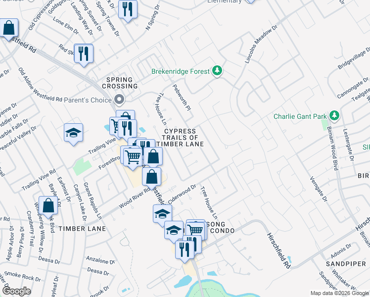 map of restaurants, bars, coffee shops, grocery stores, and more near 3127 Clear Wing Court in Spring