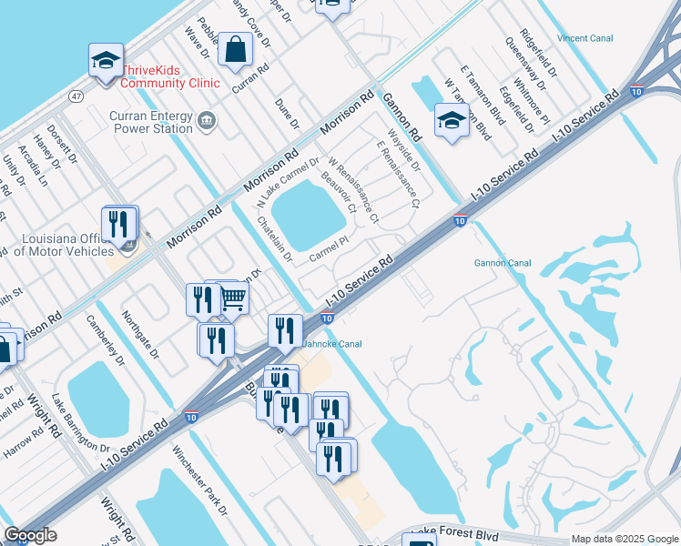 map of restaurants, bars, coffee shops, grocery stores, and more near 12500 Carmel Place in New Orleans