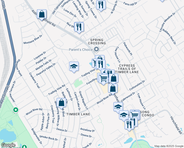 map of restaurants, bars, coffee shops, grocery stores, and more near 2812 Trailing Vine Road in Spring