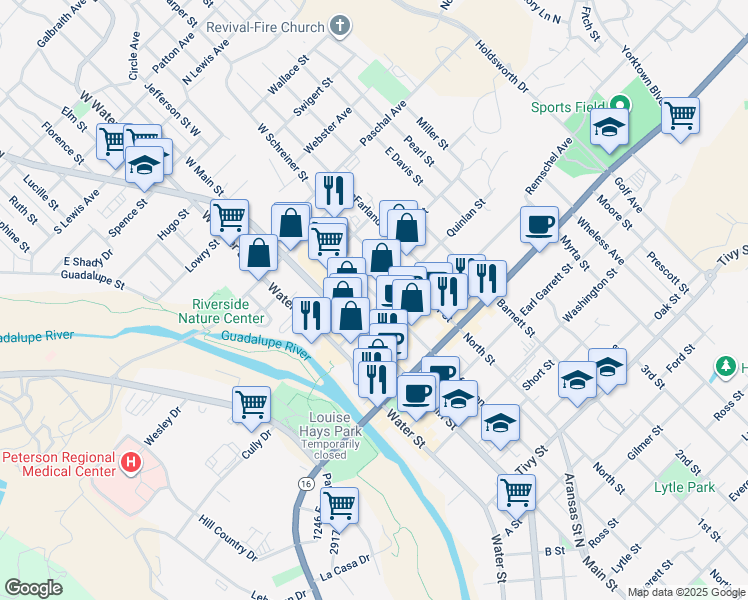 map of restaurants, bars, coffee shops, grocery stores, and more near 400 Jefferson Street in Kerrville