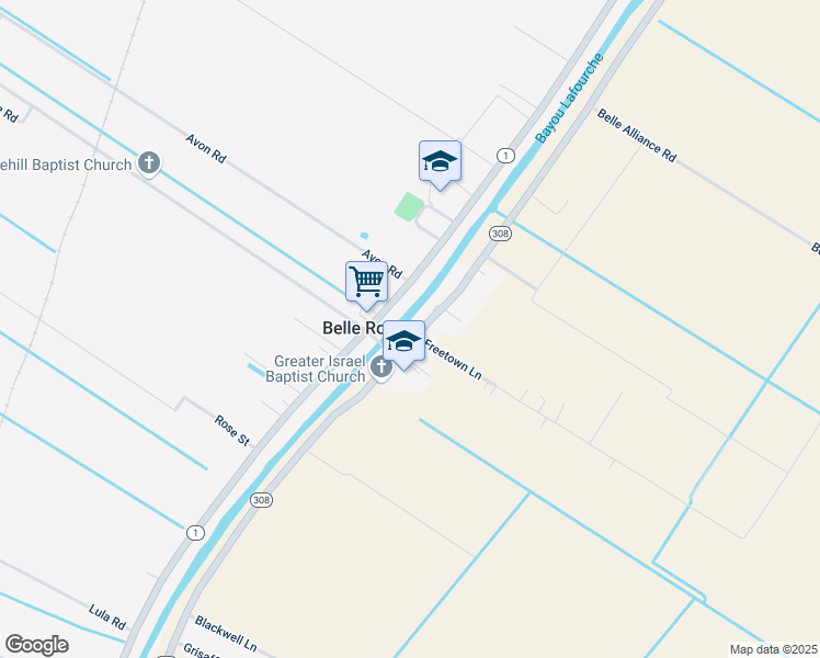 map of restaurants, bars, coffee shops, grocery stores, and more near 7101 Louisiana 308 in Belle Rose