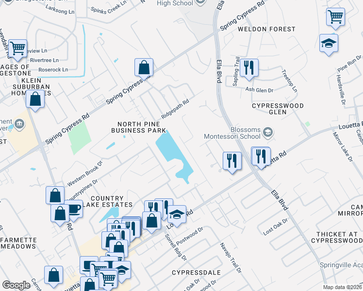 map of restaurants, bars, coffee shops, grocery stores, and more near 19523 Country Village Drive in Spring