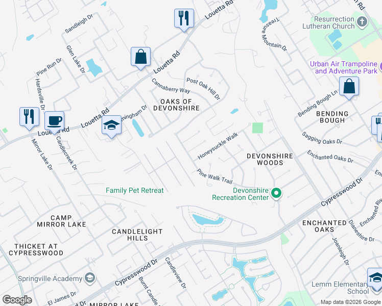 map of restaurants, bars, coffee shops, grocery stores, and more near 2735 Alderleaf Place in Spring