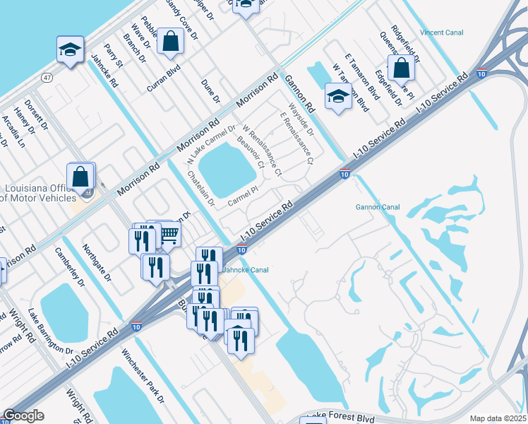 map of restaurants, bars, coffee shops, grocery stores, and more near 12500 Carmel Place in New Orleans