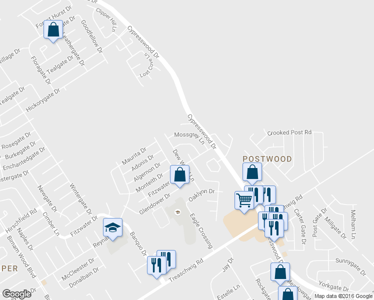 map of restaurants, bars, coffee shops, grocery stores, and more near 5402 Sweetwind Lane in Spring