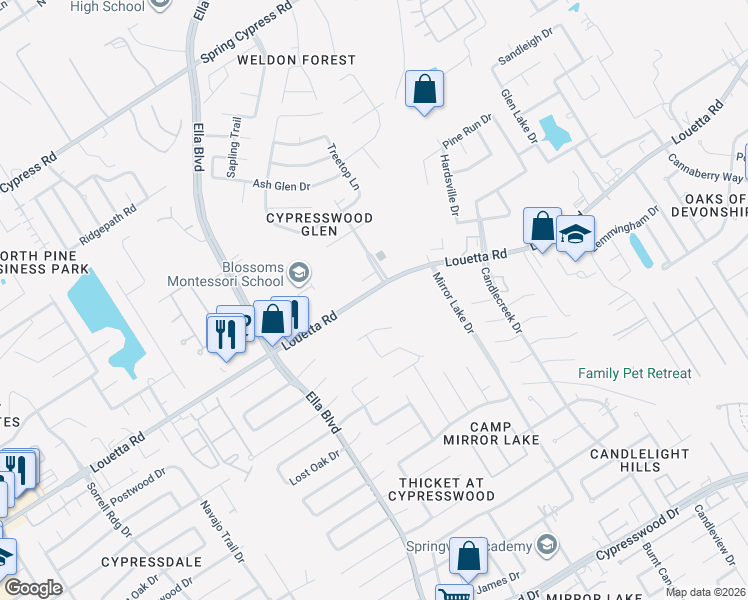 map of restaurants, bars, coffee shops, grocery stores, and more near in Spring