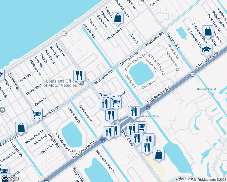 map of restaurants, bars, coffee shops, grocery stores, and more near 7337 Strathmore Drive in New Orleans