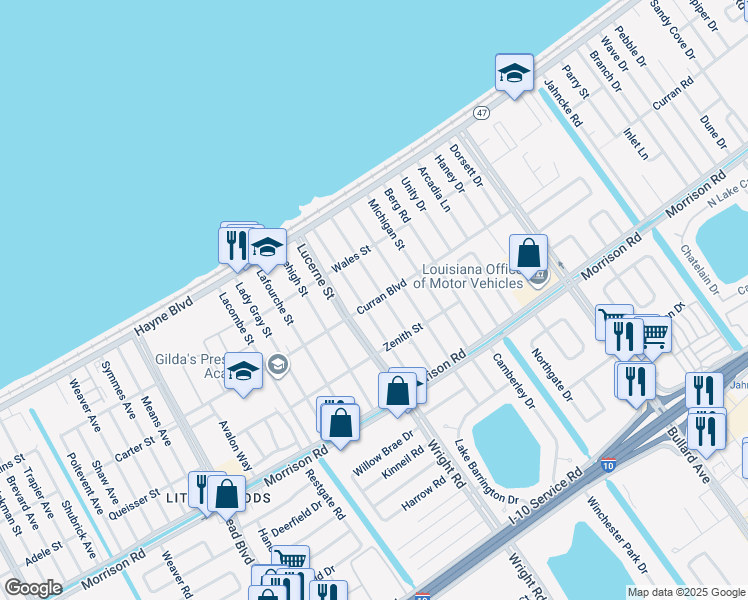 map of restaurants, bars, coffee shops, grocery stores, and more near 11305 Curran Road in New Orleans