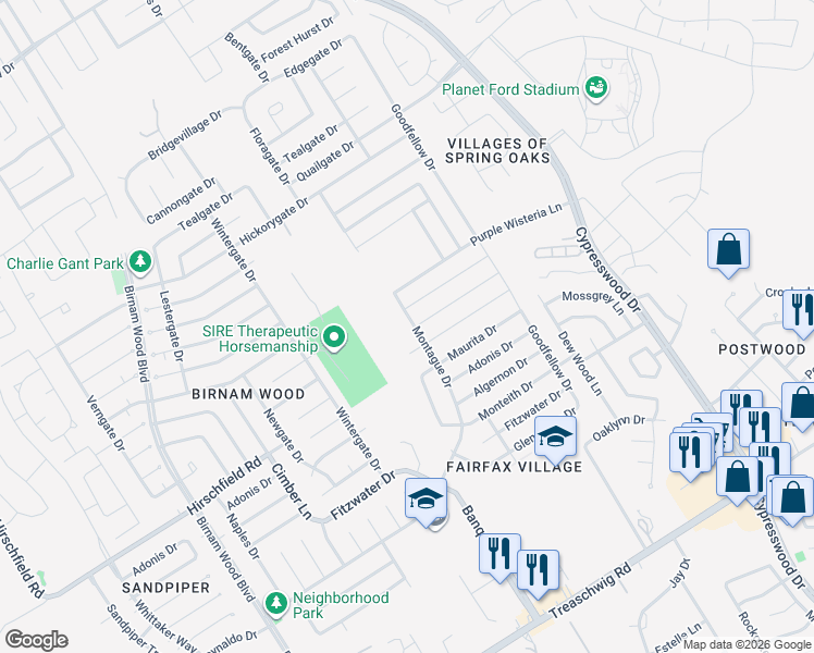 map of restaurants, bars, coffee shops, grocery stores, and more near Montague Drive in Spring