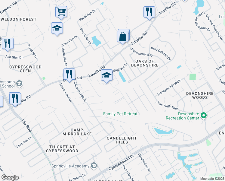 map of restaurants, bars, coffee shops, grocery stores, and more near 3111 Louetta Road in Spring