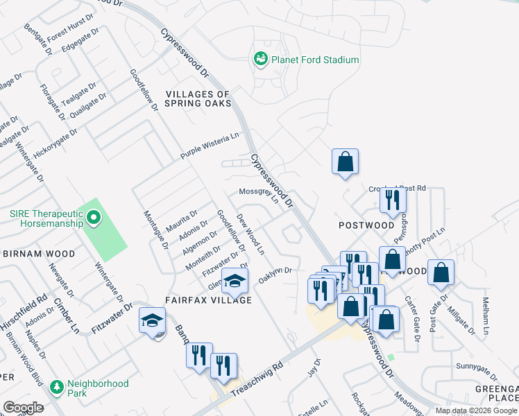 map of restaurants, bars, coffee shops, grocery stores, and more near 5215 Sweetwind Lane in Spring