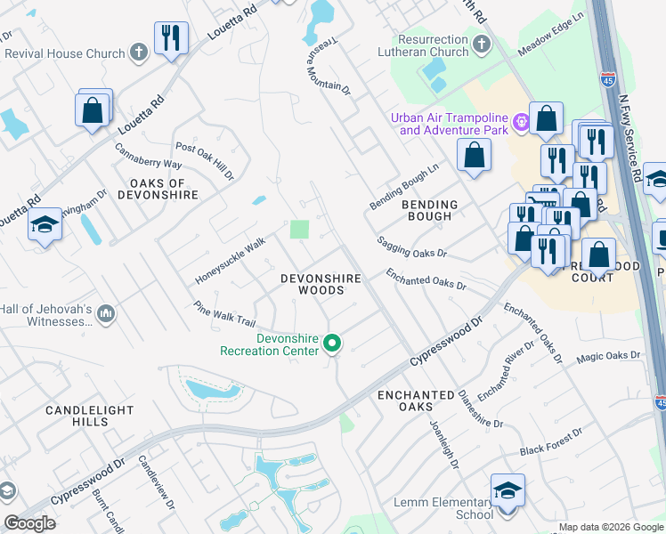 map of restaurants, bars, coffee shops, grocery stores, and more near 511 Bending Bough Drive in Spring