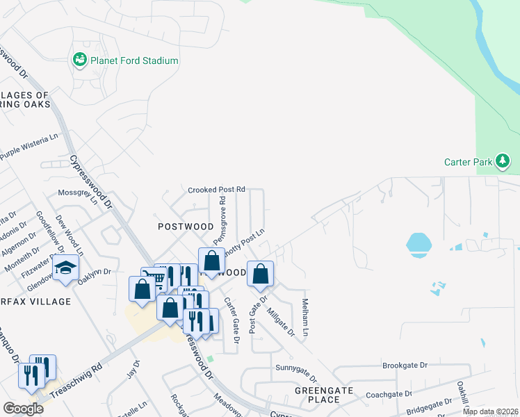 map of restaurants, bars, coffee shops, grocery stores, and more near 23303 Pine Post Lane in Spring
