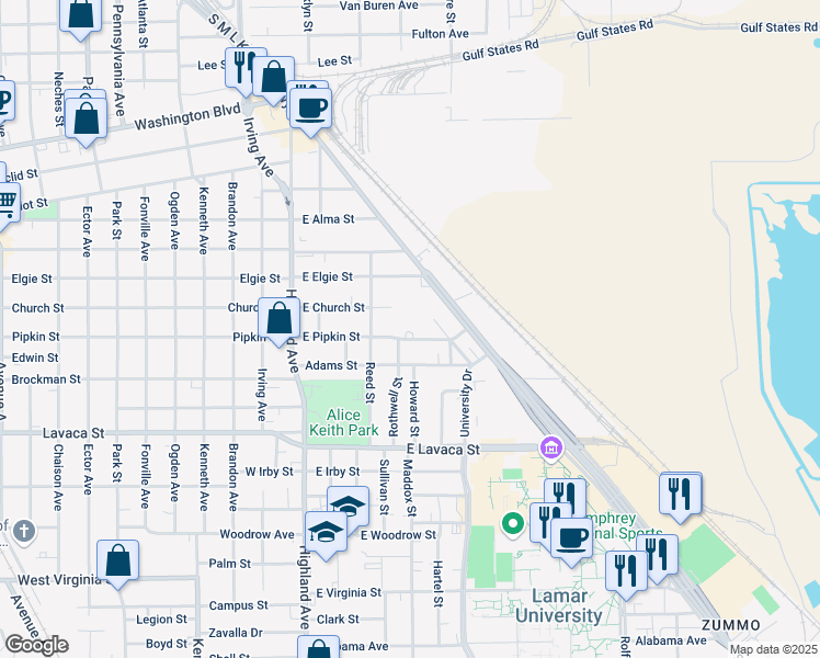 map of restaurants, bars, coffee shops, grocery stores, and more near 525 East Pipkin Street in Beaumont