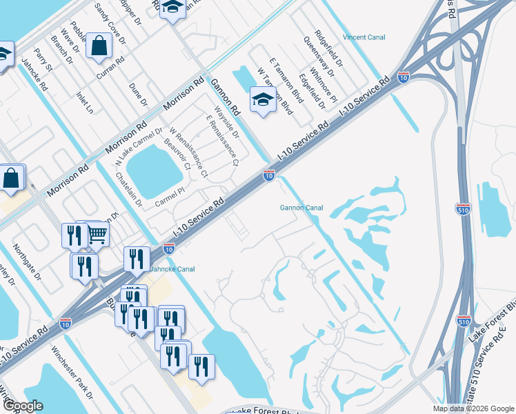 map of restaurants, bars, coffee shops, grocery stores, and more near 13040 I-10 Service Road in New Orleans