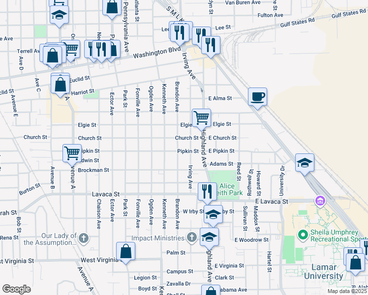 map of restaurants, bars, coffee shops, grocery stores, and more near 630 Pipkin Street in Beaumont