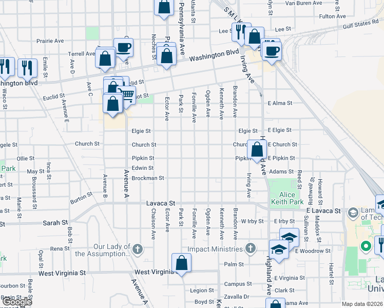 map of restaurants, bars, coffee shops, grocery stores, and more near 1010 Pipkin St in Beaumont