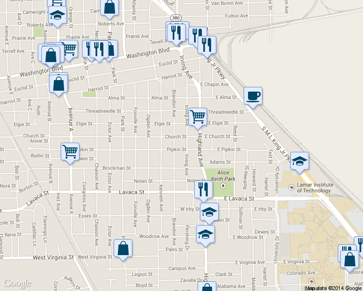map of restaurants, bars, coffee shops, grocery stores, and more near 630 Pipkin St in Beaumont