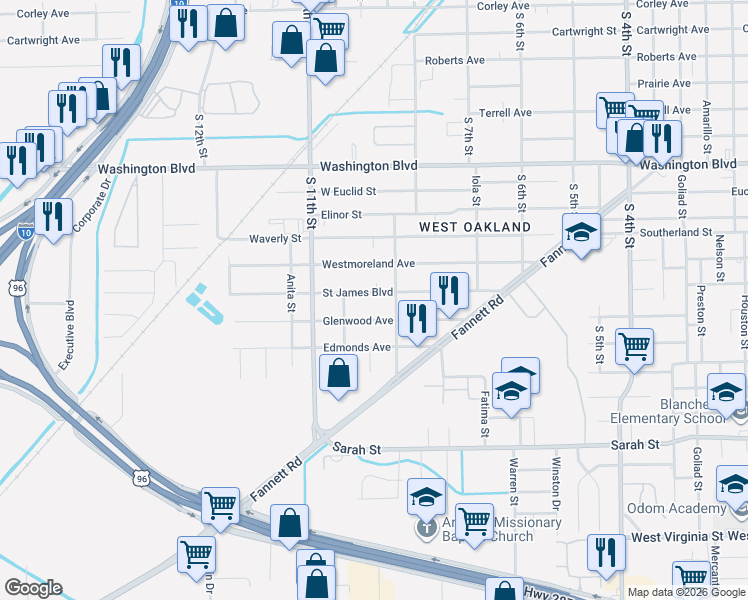 map of restaurants, bars, coffee shops, grocery stores, and more near 3445 Saint James Boulevard in Beaumont