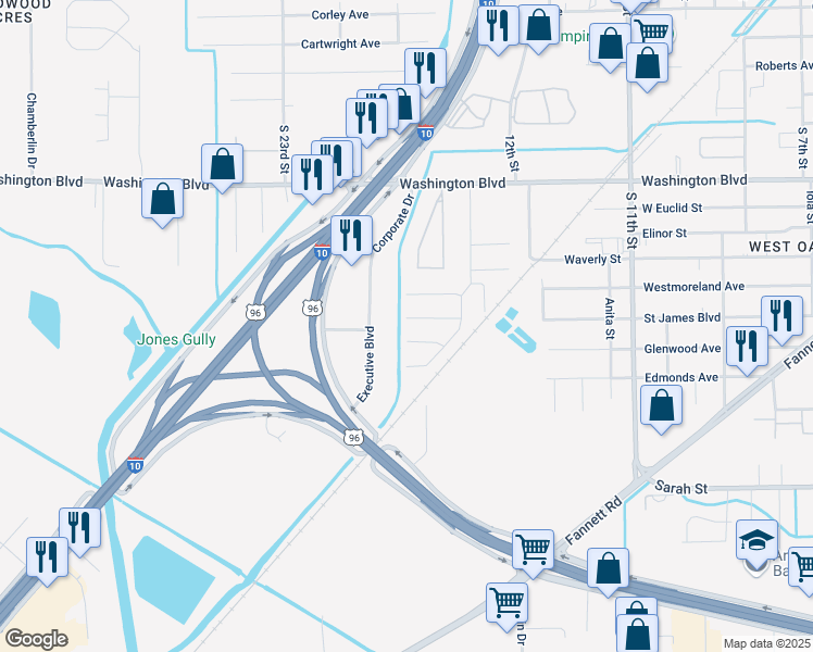 map of restaurants, bars, coffee shops, grocery stores, and more near 4285 Simpson Drive in Beaumont