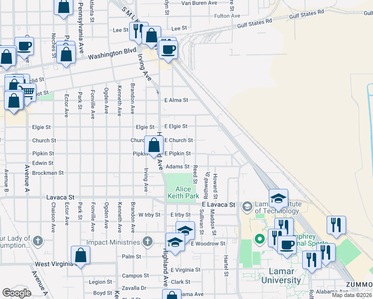 map of restaurants, bars, coffee shops, grocery stores, and more near 395 East Pipkin Street in Beaumont