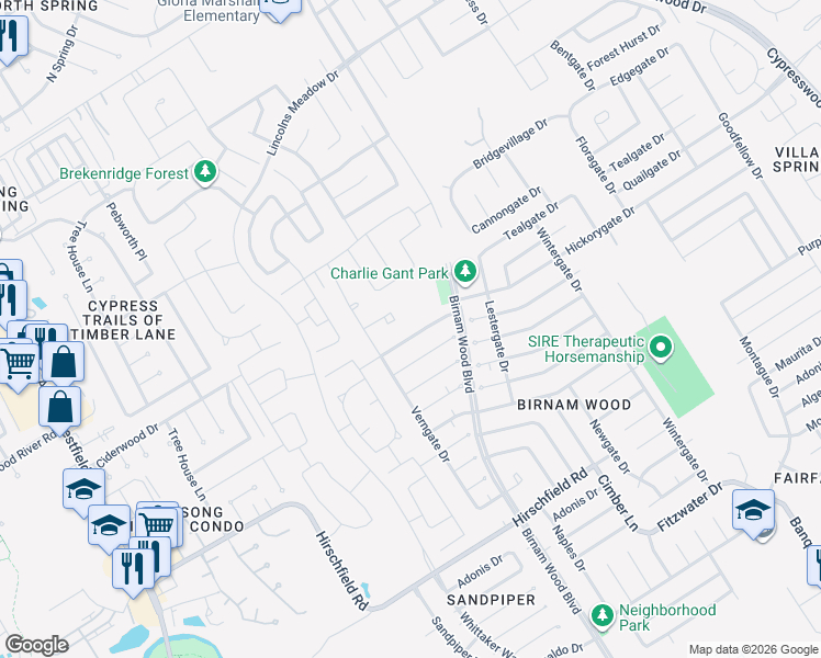 map of restaurants, bars, coffee shops, grocery stores, and more near 4227 Mossygate Drive in Spring