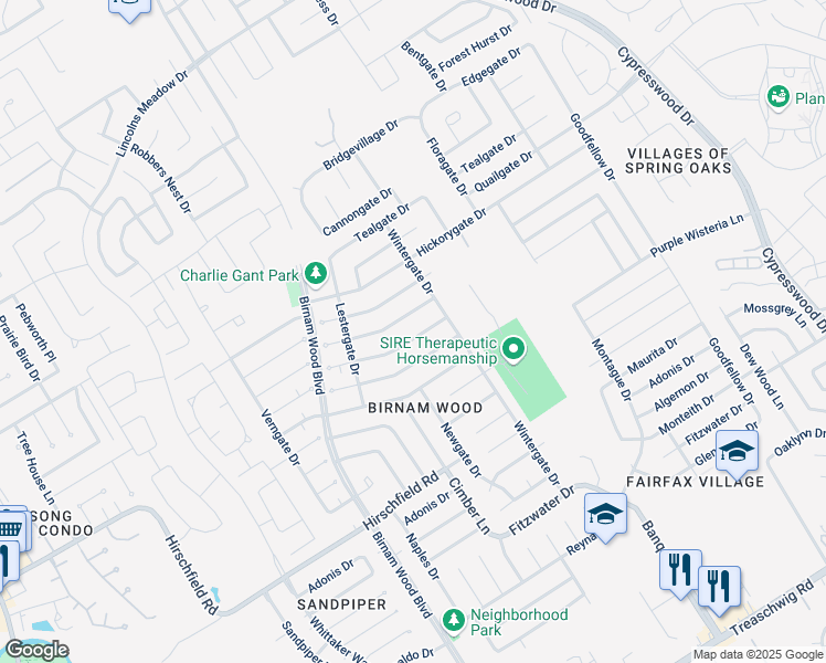map of restaurants, bars, coffee shops, grocery stores, and more near 4515 Burkegate Drive in Spring