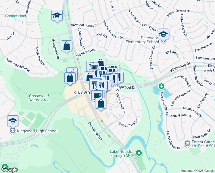 map of restaurants, bars, coffee shops, grocery stores, and more near 4538 Kingwood Drive in Houston