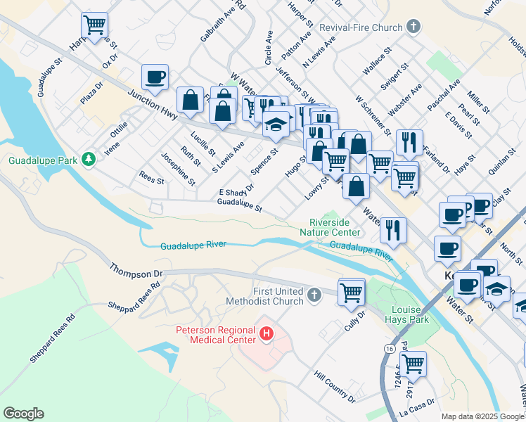 map of restaurants, bars, coffee shops, grocery stores, and more near 235 Guadalupe Street in Kerrville