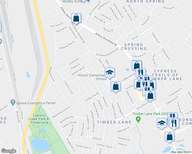 map of restaurants, bars, coffee shops, grocery stores, and more near 23511 Canyon Lake Drive in Spring