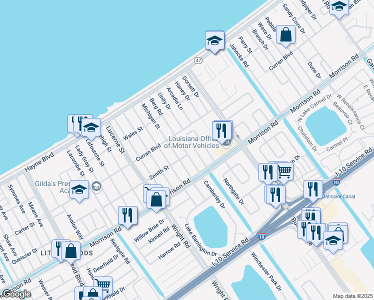 map of restaurants, bars, coffee shops, grocery stores, and more near 7607 Berg Road in New Orleans