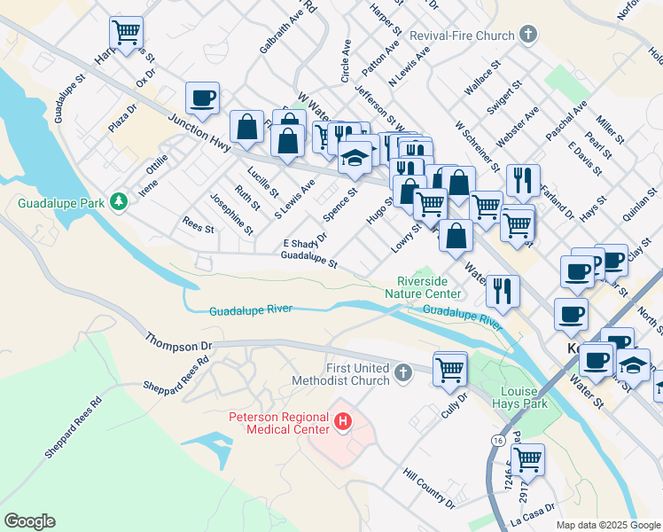 map of restaurants, bars, coffee shops, grocery stores, and more near 235 Guadalupe Street in Kerrville