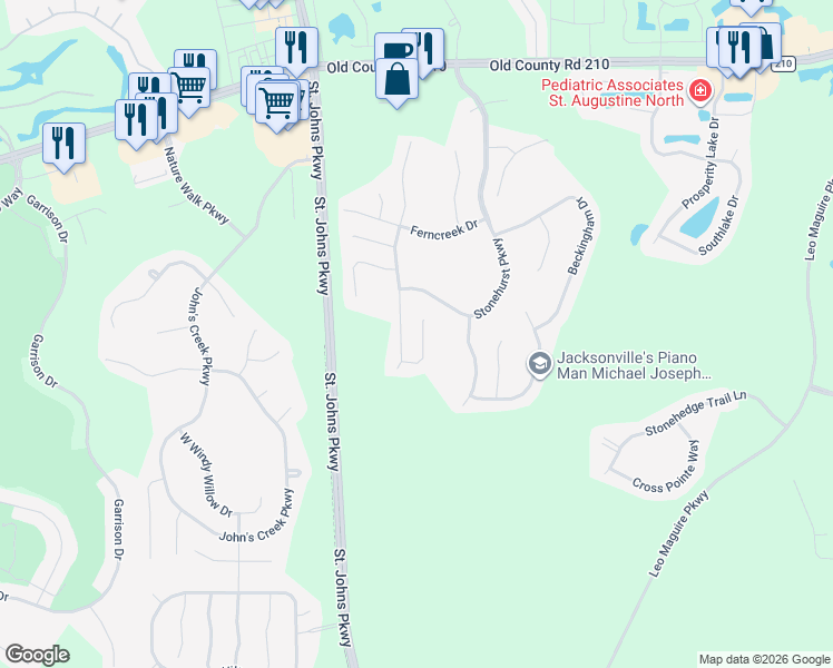 map of restaurants, bars, coffee shops, grocery stores, and more near 2536 Stapleford Lane in Saint Augustine