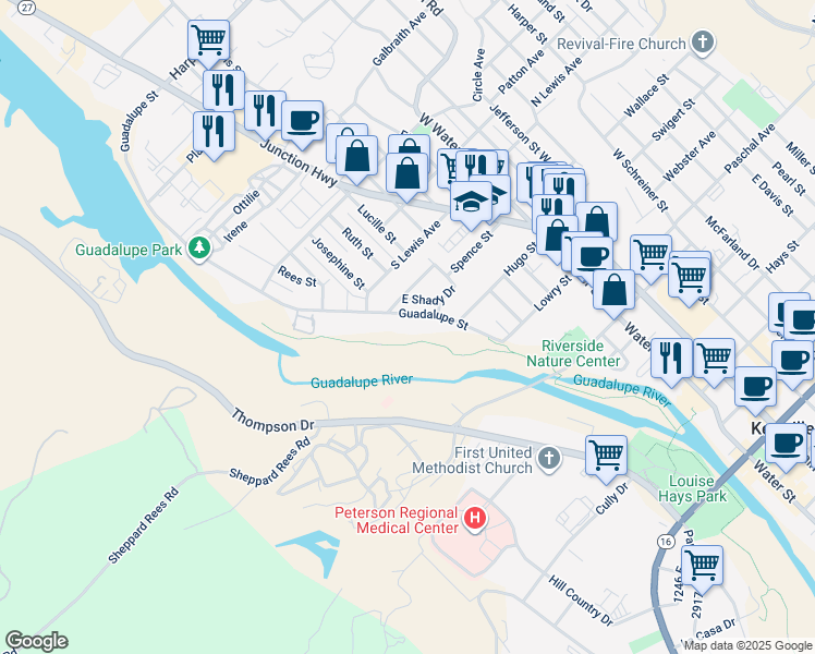 map of restaurants, bars, coffee shops, grocery stores, and more near 327 Guadalupe Street in Kerrville