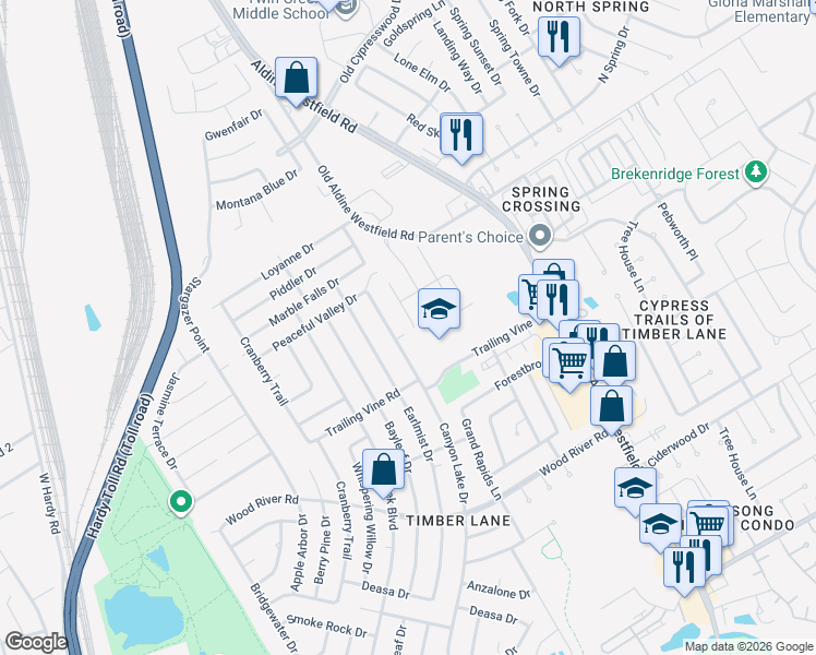 map of restaurants, bars, coffee shops, grocery stores, and more near 23507 Hidden Maple Drive in Spring