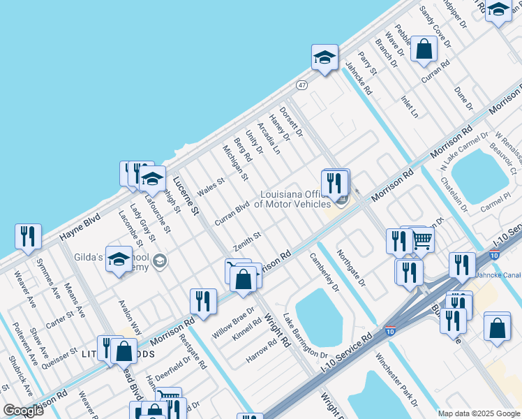 map of restaurants, bars, coffee shops, grocery stores, and more near 7644 Michigan Street in New Orleans