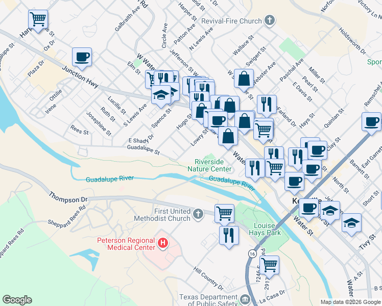 map of restaurants, bars, coffee shops, grocery stores, and more near 313 Lowry Street in Kerrville
