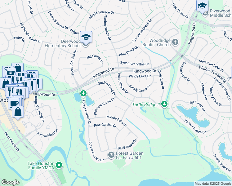 map of restaurants, bars, coffee shops, grocery stores, and more near 2418 Golden Pond Drive in Houston